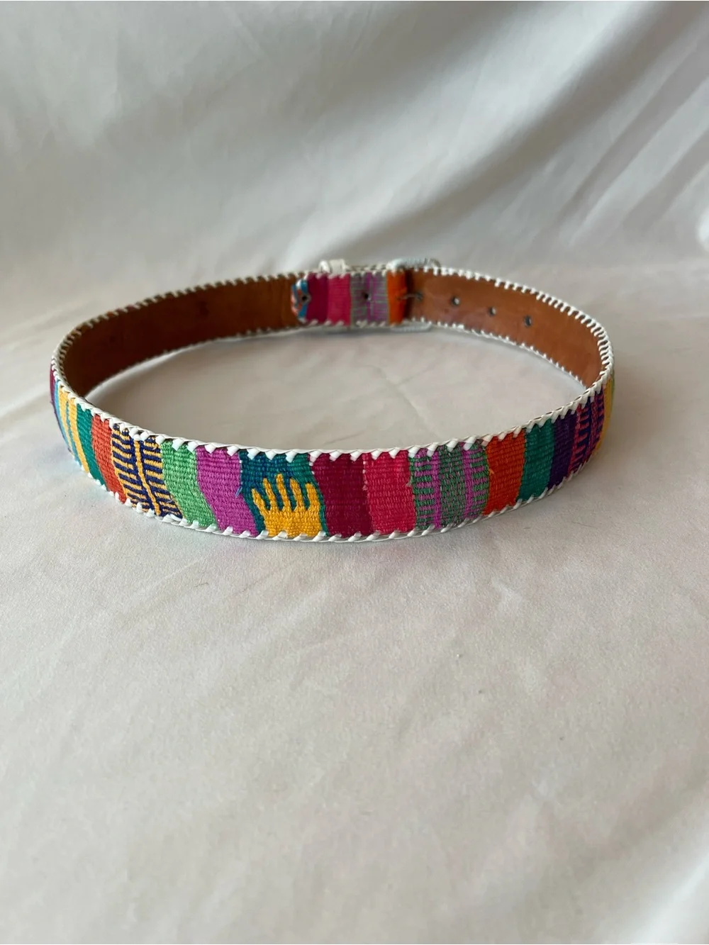 Vintage Guatemalan Multicolor Woven Leather Belt White Whipstitch
